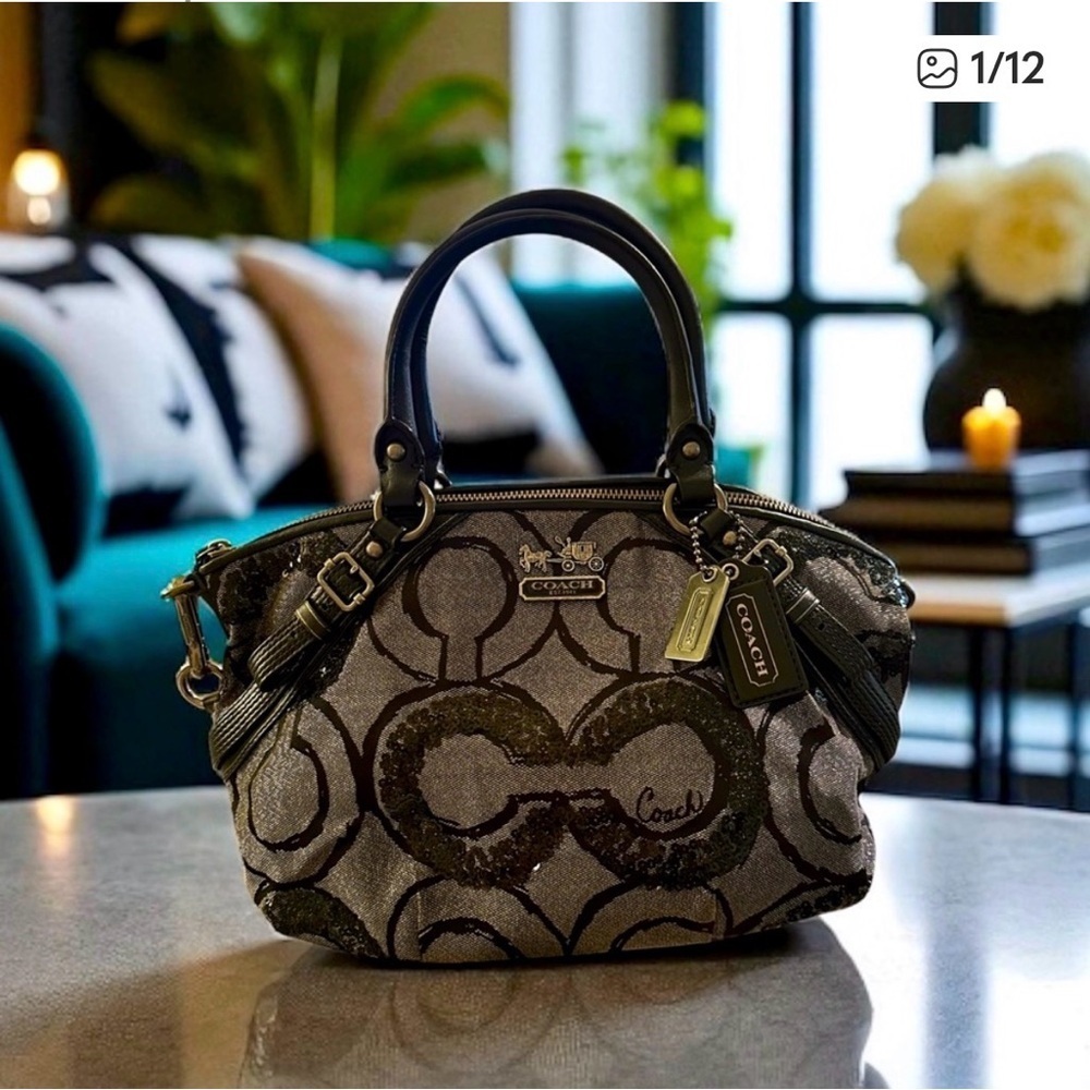2010 Coach Madison Sophia Sequin Op Art Satchel – Black/Gunmetal EUC
